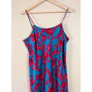 A New Day Blue Red Floral Print Spaghetti Strap Midi Slip Dress M Vacation